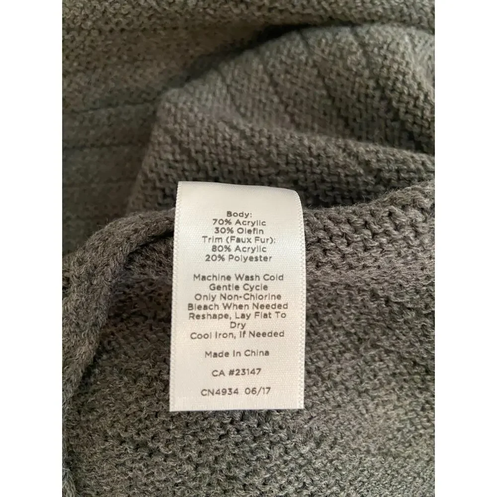 Grey Faux Fur Collar Cable Knit Poncho Cape Sweater